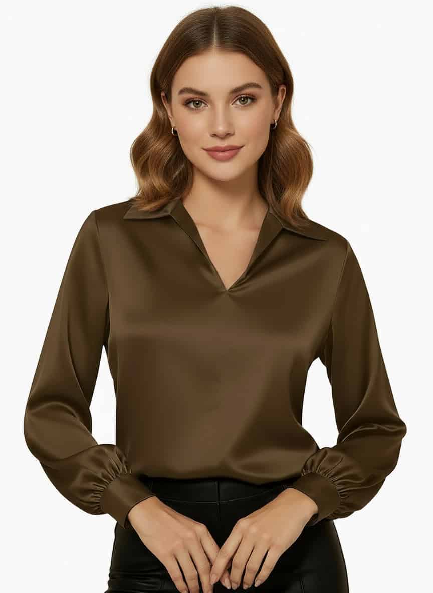 woman-satin-blouse woman wearing GRACE KARIN Business Casual Tops for Women Satin Silk Blouse Collared V Neck Long Sleeve Work Shirts Dressy Tops Fall Clothes
