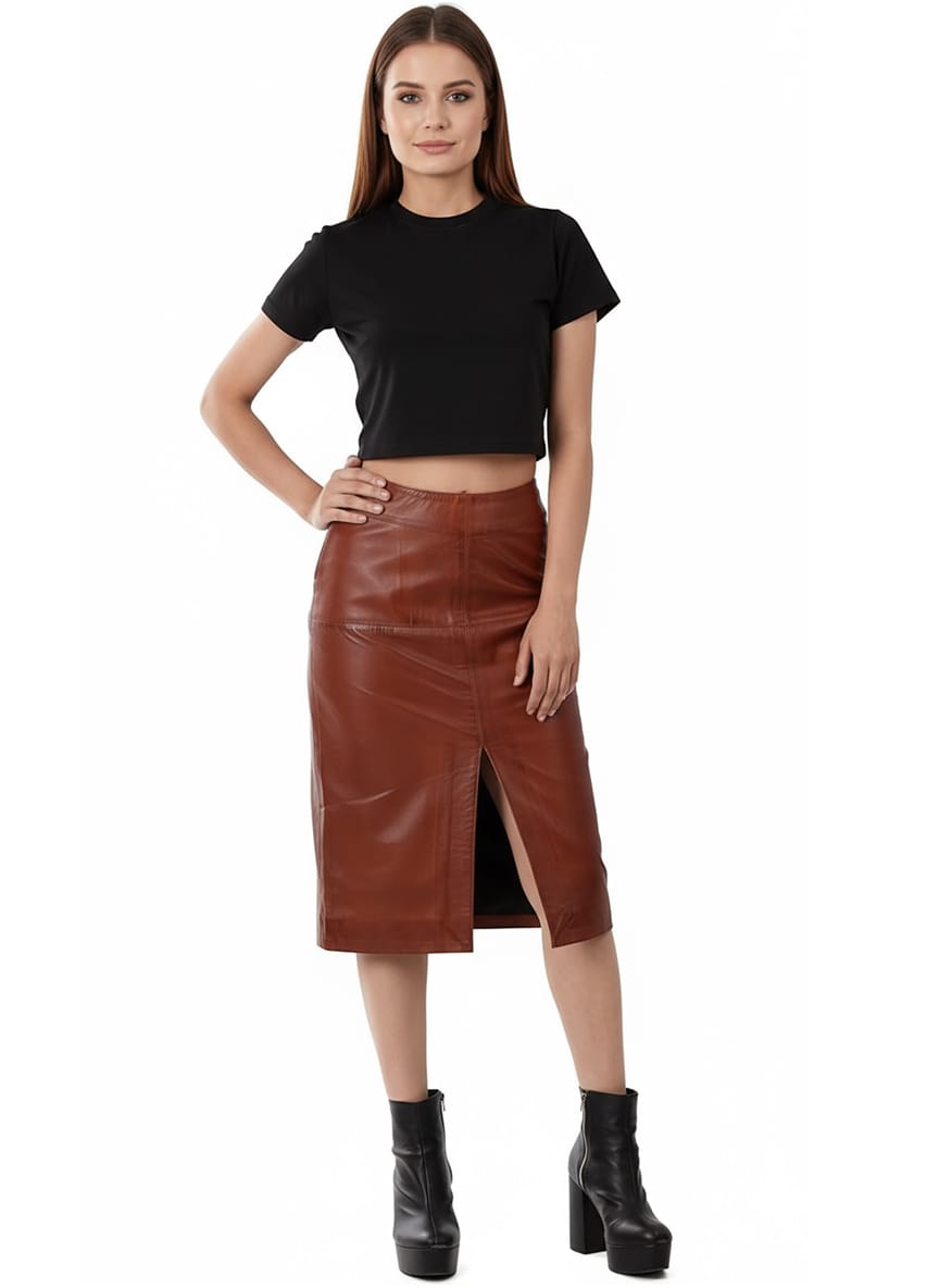 woman-wearing-long-brown-leather-skirt woman wearing long leather brown skirt