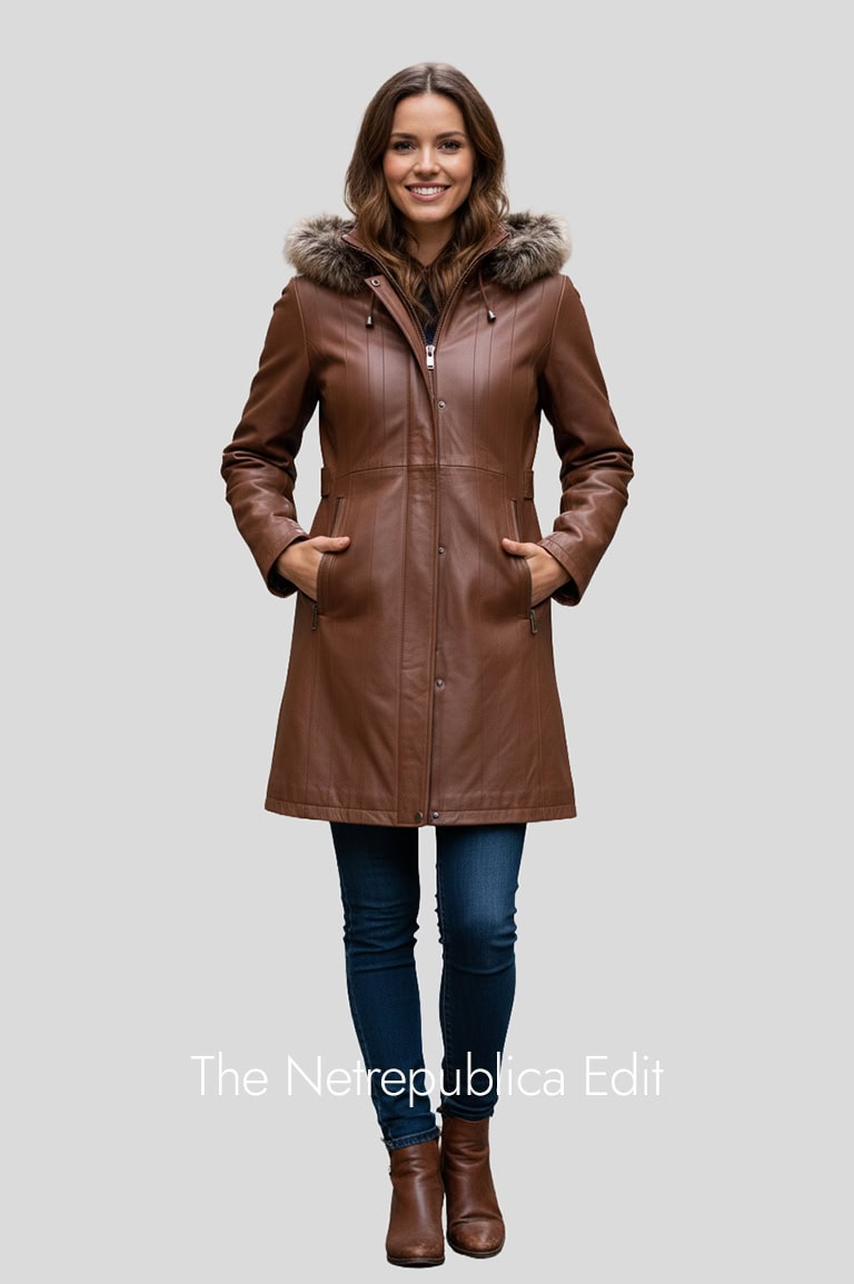 Featuring a fashion model grey background modelling a women leather coat