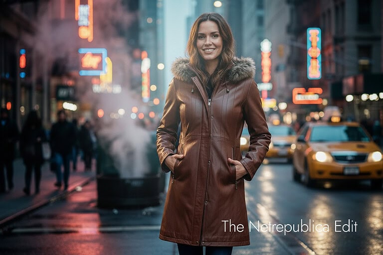 woman modelling a leather sheepskin coat nyc