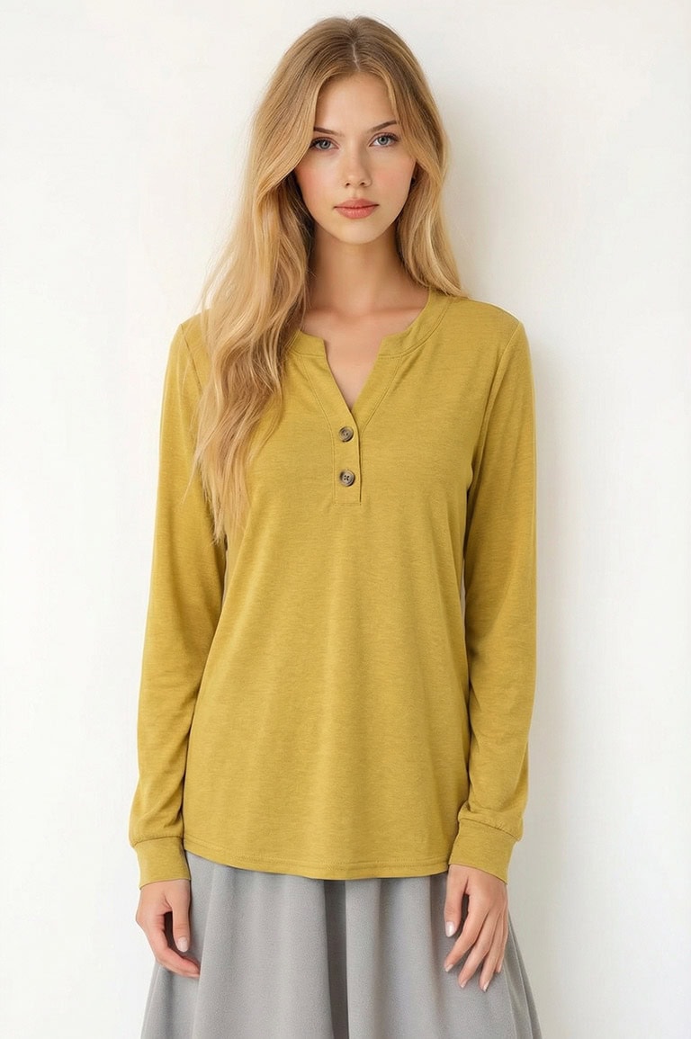 AUTOMET-Women's-Long-Sleeve-Shirt Sophia Valtine wearing a yellow fashion trend long sleeve garment