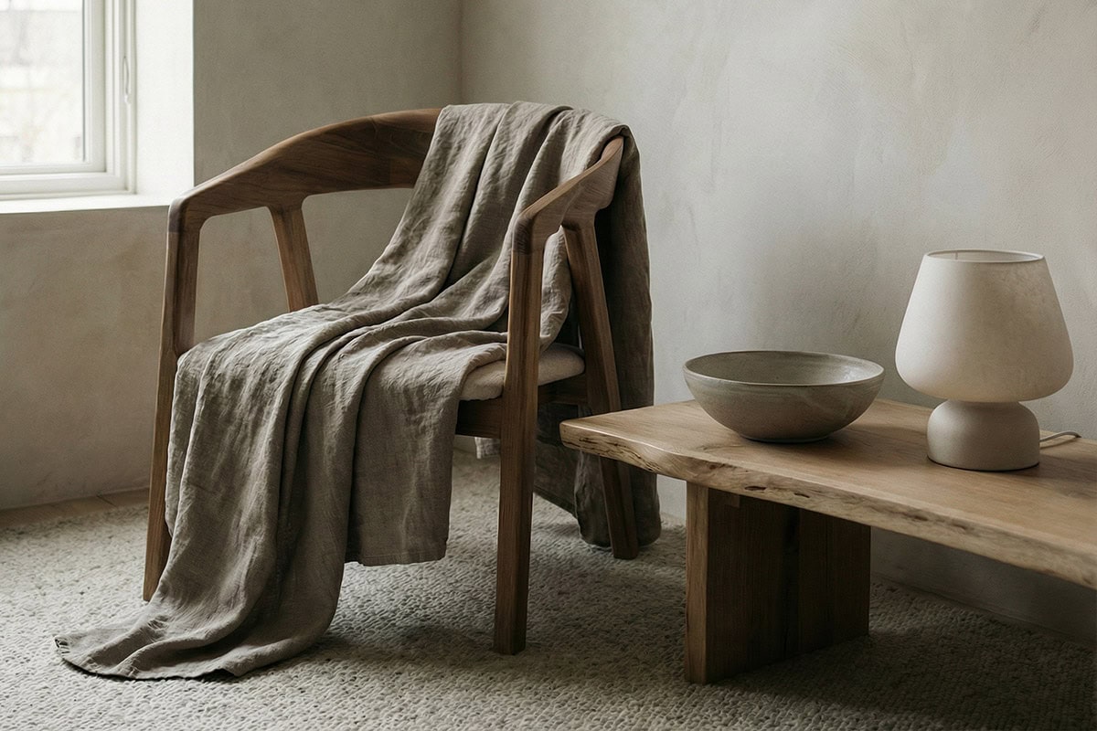 An editorial lifestyle still-life inside a modern, calm interior. A neutral-toned throw draped over a chair, a ceramic bowl on a side table, and a soft ambient lamp casting warm light. Materials include linen, wool, wood, and ceramic. Muted colour palette — taupe, stone, warm grey. No people, no branding, no styling excess. The scene feels lived-in, quiet, and enduring. Cinematic composition, magazine-quality photography, restrained and elegant.