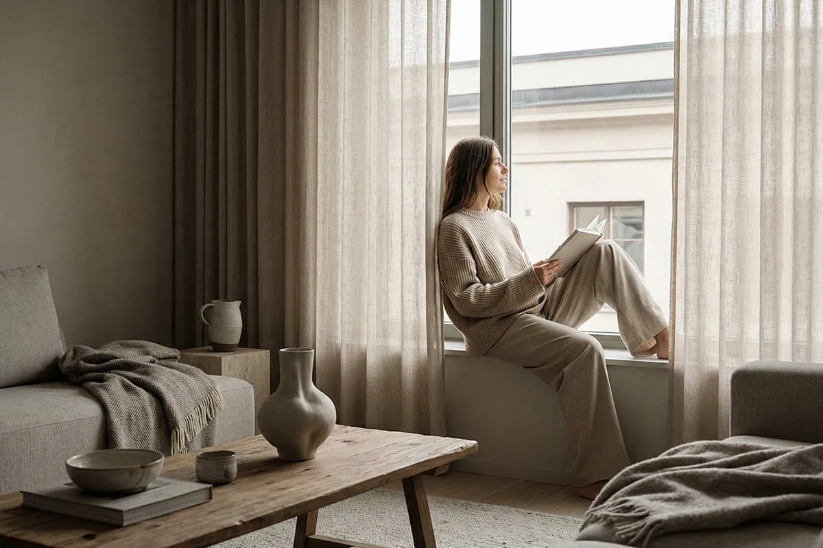 An editorial lifestyle scene capturing everyday luxury through calm routine. A softly lit modern interior with warm natural daylight filtering through sheer curtains. A neutral colour palette of beige, stone, soft grey, and muted taupe. A single female model present in the space, dressed in understated, comfortable clothing (soft knit, relaxed trousers), seated naturally or standing near a window. No posing, no eye contact with the camera. The environment feels lived-in and effortless, with subtle textures like linen, wood, ceramic, and wool. No branding, no clutter. The mood is quiet, composed, and intimate. High-end magazine photography style, cinematic framing, shallow depth of field, timeless and understated.