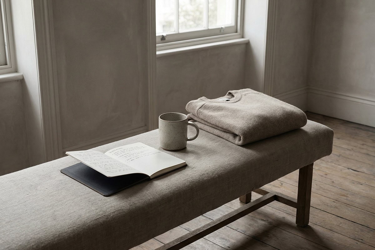 editoral-6 Image describing fewer better purchases, A restrained editorial lifestyle scene showing intentional choice. A calm interior with a small number of everyday objects arranged naturally — a well-worn notebook, a single ceramic mug, and a folded neutral garment placed on a chair or bench. Natural daylight, soft shadows, muted tones of beige, stone, and grey. No people present, no branding, no clutter. Objects appear chosen and kept, not styled for display. The atmosphere feels considered, quiet, and settled. High-end magazine photography style, cinematic framing, understated and timeless.