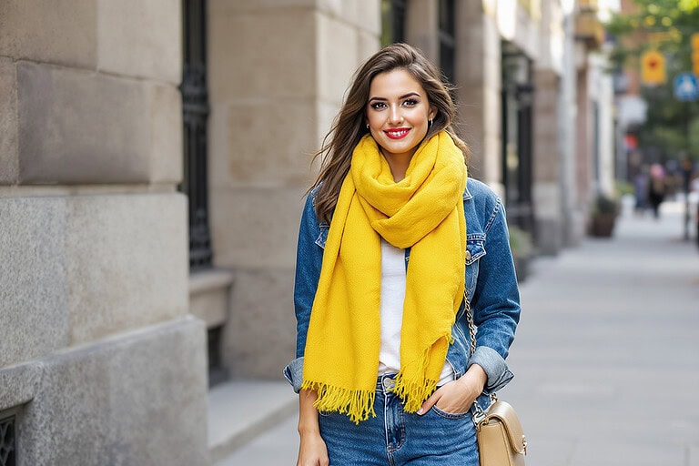 Yellow fashion trend image and the prompt is A modern editorial fashion photograph set in New York City. The background features recognisable but muted New York elements — stone buildings, cast-iron facades, wide sidewalks, or a softly blurred Manhattan street scene. The environment is strictly neutral in colour: greys, soft browns, off-whites, and cool concrete tones. No signage, no bright colours, no visual distractions. A Caucasian female model with brown hair, styled naturally, is wearing a single yellow scarf. The model is smiling softly, relaxed and confident — approachable rather than posed. wearing blue jeans and white trainers The yellow garment visually dominates the image — warm, rich yellow tones with clear fabric texture and depth. It is the only saturated colour in the frame. Lighting is bright and diffused, creating an upbeat, optimistic mood without harsh shadows. The contrast between the subdued New York background and the yellow garment is clean and intentional. Styling is minimal and contemporary; the composition feels calm, editorial, and timeless — confident, wearable, and quietly optimistic.