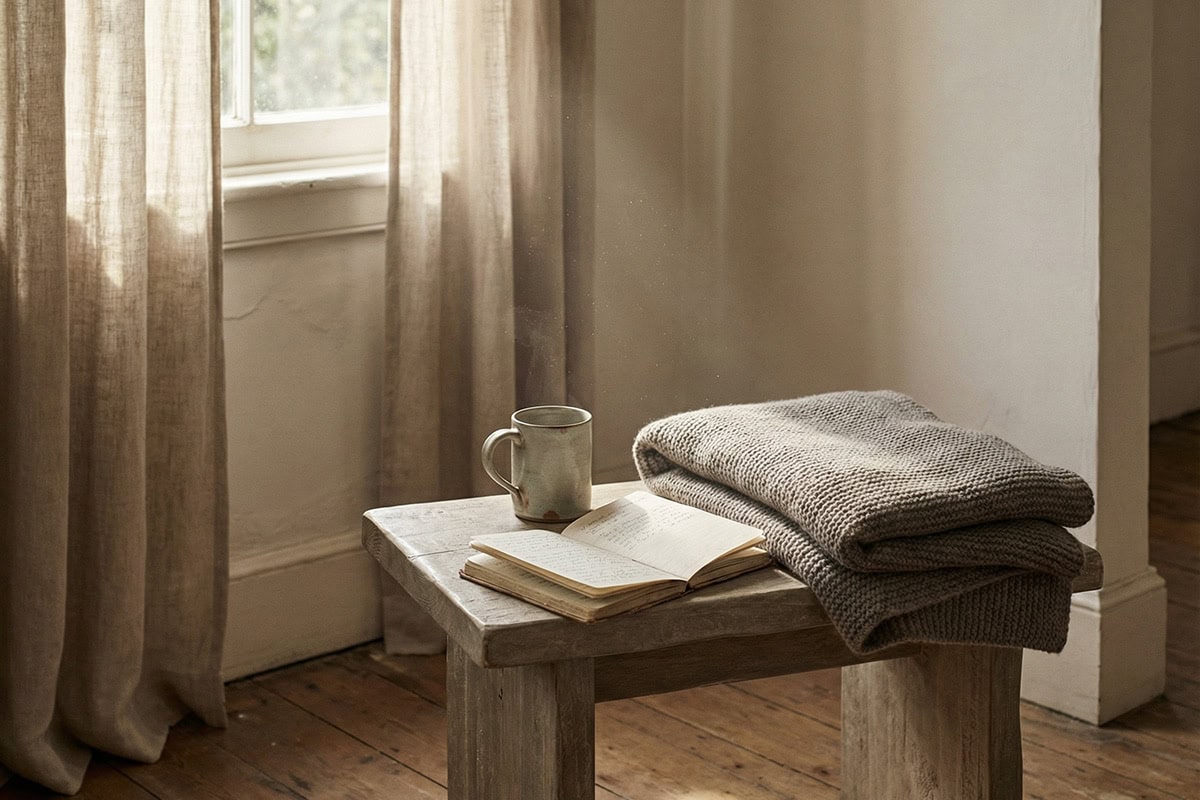 A quiet editorial lifestyle scene focused on everyday repetition. Morning light entering a calm interior. A simple table or bedside surface with a ceramic mug, a book or notebook, and soft textiles nearby. Neutral tones throughout — warm beige, stone, muted grey. No people present, no branding, no clutter. Objects appear gently used, not styled. The atmosphere feels calm, habitual, and lived-in. Natural light, soft shadows, cinematic framing, high-end magazine photography style. Timeless, understated, and intimate.
