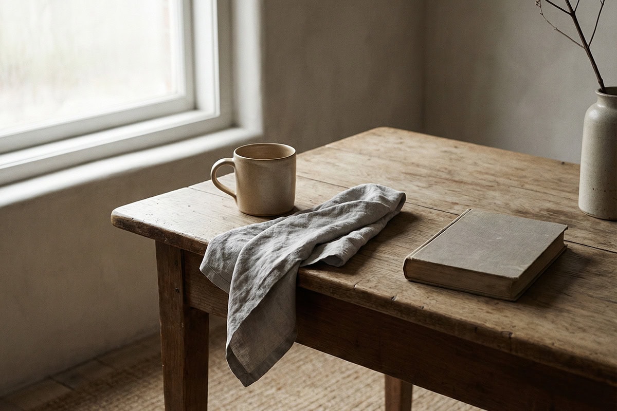 A quiet, editorial interior scene focused on everyday repetition. A simple wooden table near a window with soft daylight. A ceramic mug, a linen napkin, and a closed book resting naturally on the surface. Neutral tones throughout — warm beige, soft grey, muted stone. No clutter, no branding. Calm shadows, tactile materials, and a sense of routine rather than display. High-end editorial photography style, natural light, understated, timeless.