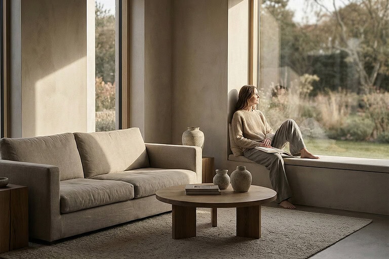 A calm, editorial lifestyle scene inside a modern, softly lit interior. Neutral tones throughout — warm beige, stone, soft grey, muted taupe. Natural daylight entering from a large window, creating gentle shadows. A single female model present in the scene, dressed in understated, neutral clothing (soft knit top, tailored trousers or relaxed silhouette), no logos or branding. The model is seated or standing naturally, not posing, not looking at the camera — candid, reflective presence. Minimal furnishings with clean lines, tactile materials like linen, wool, wood, and ceramic. No clutter. A sense of quiet balance and lived-in calm. Cinematic composition, shallow depth of field, high-end editorial magazine photography style. Sophisticated, restrained, timeless. a dedicated quiet luxury lifestyle image