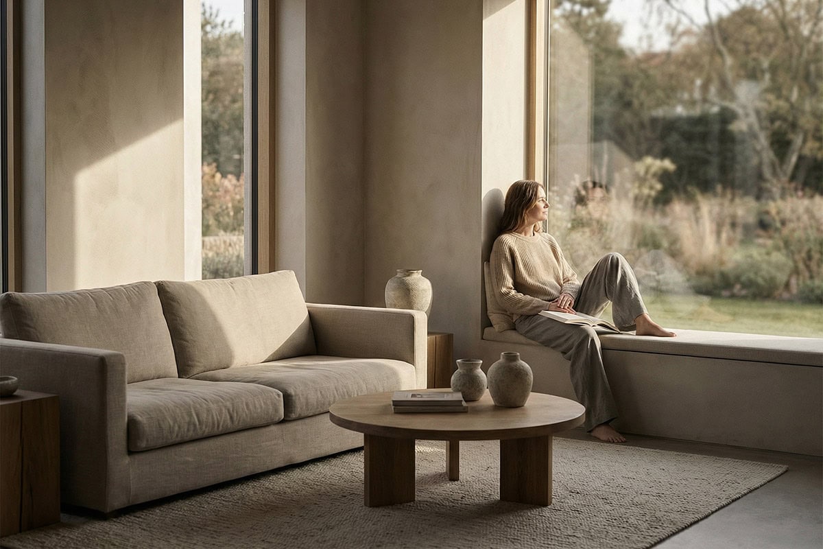 A calm, editorial lifestyle scene inside a modern, softly lit interior. Neutral tones throughout — warm beige, stone, soft grey, muted taupe. Natural daylight entering from a large window, creating gentle shadows. A single female model present in the scene, dressed in understated, neutral clothing (soft knit top, tailored trousers or relaxed silhouette), no logos or branding. The model is seated or standing naturally, not posing, not looking at the camera — candid, reflective presence. Minimal furnishings with clean lines, tactile materials like linen, wool, wood, and ceramic. No clutter. A sense of quiet balance and lived-in calm. Cinematic composition, shallow depth of field, high-end editorial magazine photography style. Sophisticated, restrained, timeless. a dedicated quiet luxury lifestyle image