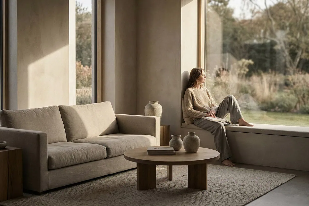 A calm, editorial lifestyle scene inside a modern, softly lit interior. Neutral tones throughout — warm beige, stone, soft grey, muted taupe. Natural daylight entering from a large window, creating gentle shadows. A single female model present in the scene, dressed in understated, neutral clothing (soft knit top, tailored trousers or relaxed silhouette), no logos or branding. The model is seated or standing naturally, not posing, not looking at the camera — candid, reflective presence. Minimal furnishings with clean lines, tactile materials like linen, wool, wood, and ceramic. No clutter. A sense of quiet balance and lived-in calm. Cinematic composition, shallow depth of field, high-end editorial magazine photography style. Sophisticated, restrained, timeless. a dedicated quiet luxury lifestyle image
