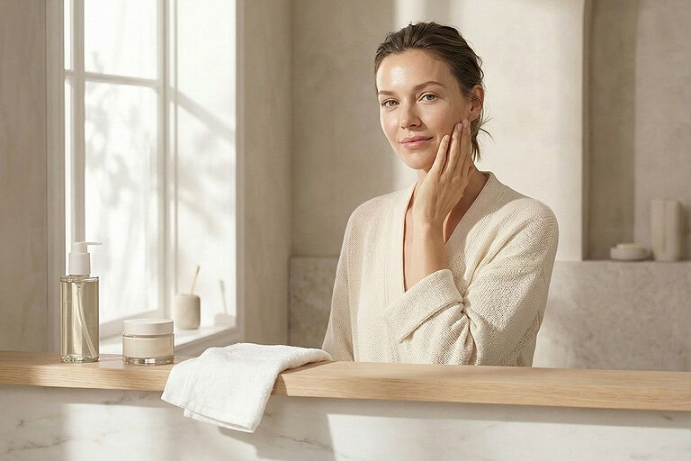 Woman following a minimal skincare routine in a bright bathroom, applying moisturiser as part of a simple daily skin care routine.