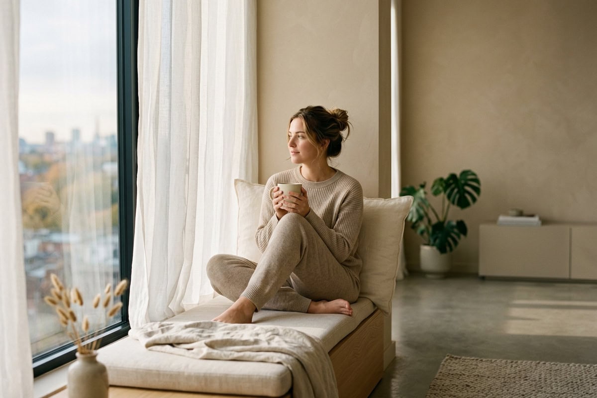 soft routine lifestyle morning ritual with coffee in calm modern apartment
