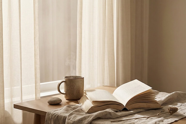 romanticising everyday life calm morning moment with coffee and open book in soft natural light