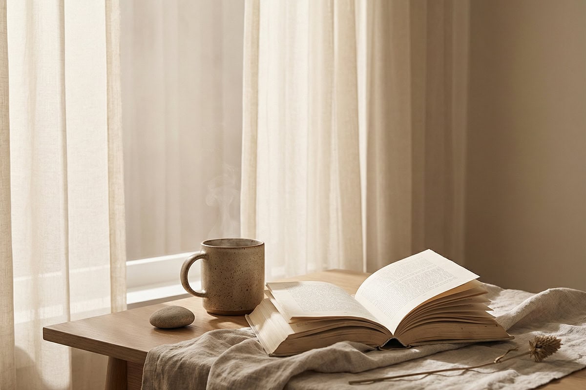 romanticising everyday life calm morning moment with coffee and open book in soft natural light