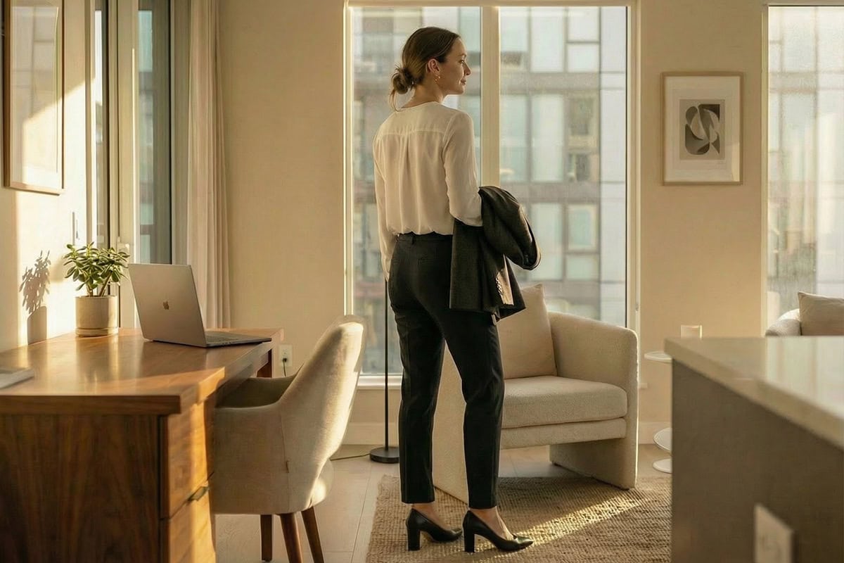 5pm reset routine businesswoman transitioning from work to evening in modern apartment