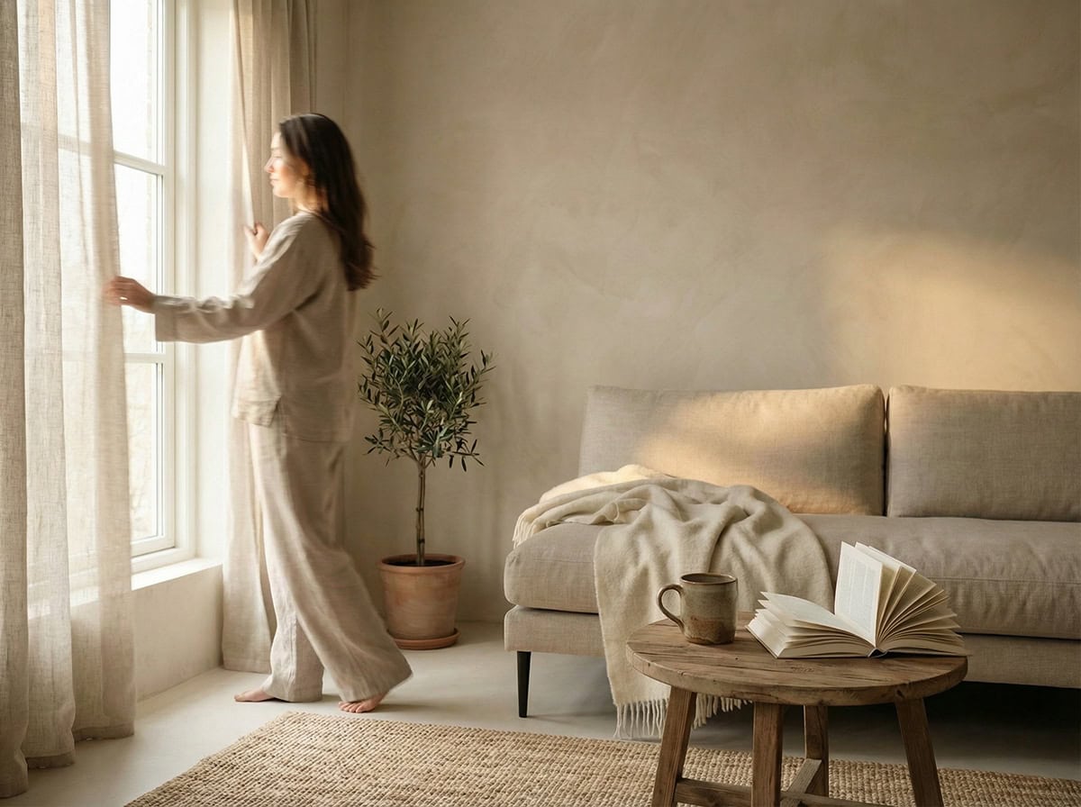 living alone well opening curtains in a calm minimalist home with natural light