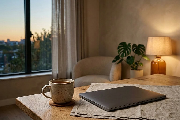 5pm reset routine transition from work to evening in calm modern interior