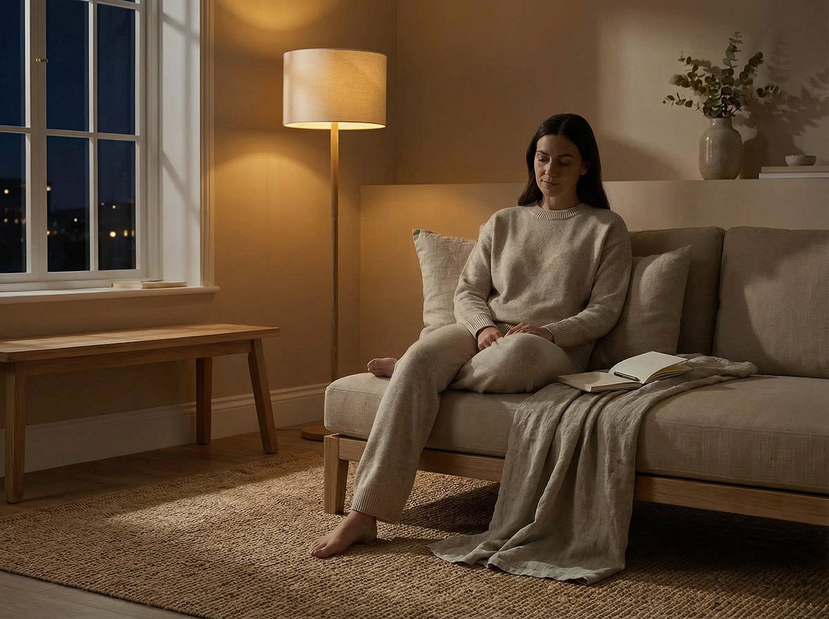 sunday reset routine calm evening reflection in a softly lit living room