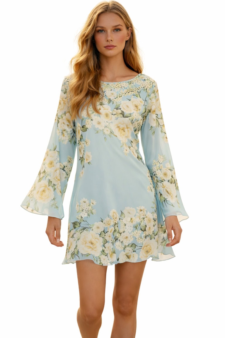 woman close up styling a floral mini dress