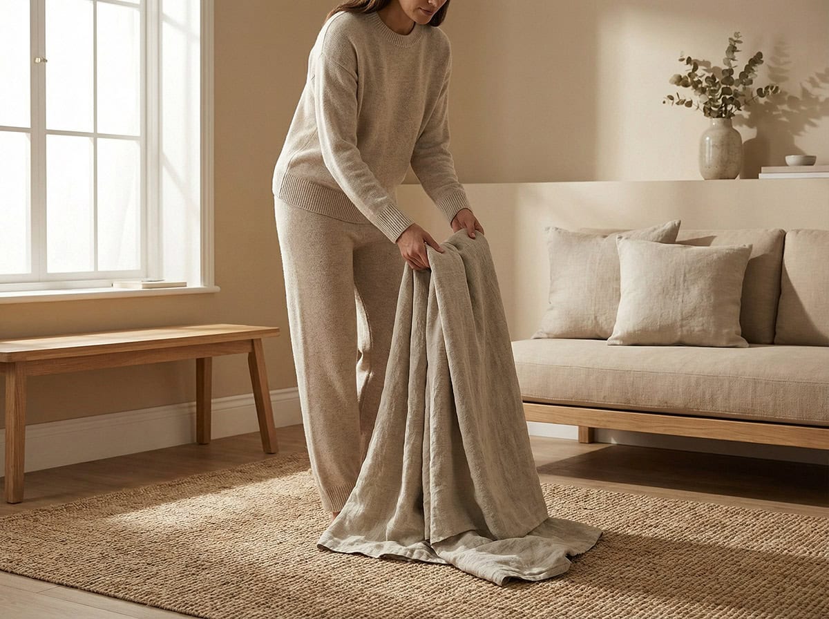 sunday reset routine gently folding blanket in calm minimalist living room