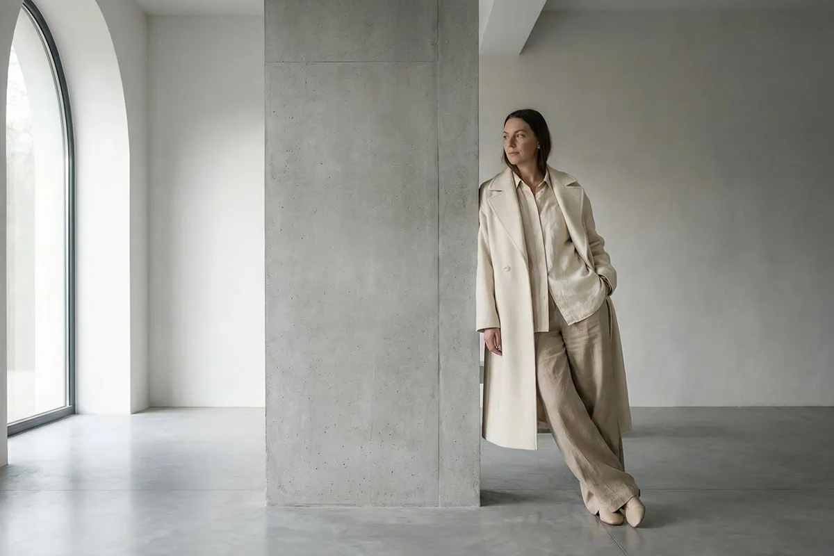 quiet life trend woman leaning in minimalist architectural space with soft natural light