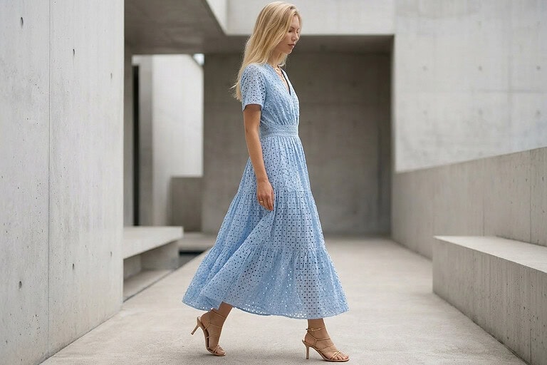 flowy maxi dress in soft spring style worn in minimalist architectural setting with natural movement