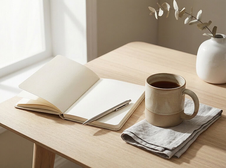 sunday reset routine calm morning planning with coffee and notebook in soft natural light