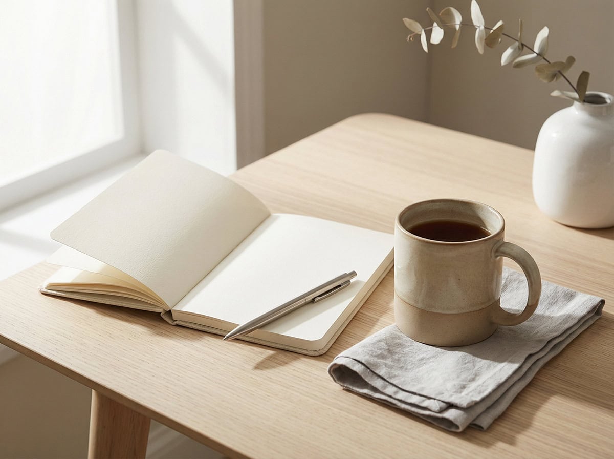 sunday reset routine calm morning planning with coffee and notebook in soft natural light