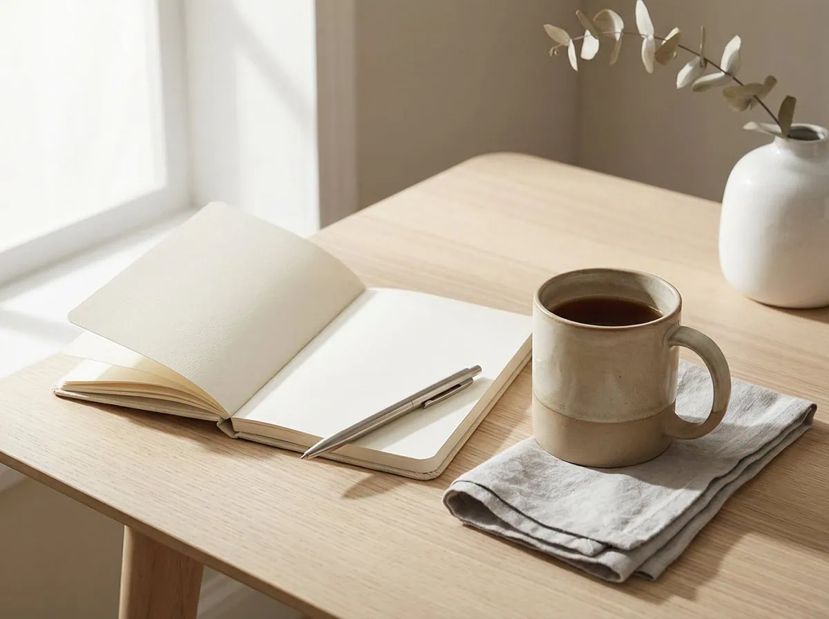 sunday reset routine calm morning planning with coffee and notebook in soft natural light