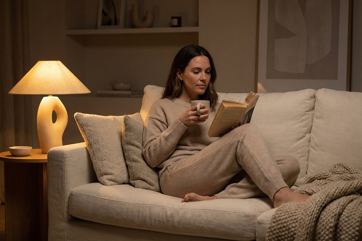 5pm reset routine evening relaxation with tea and book in calm modern living room