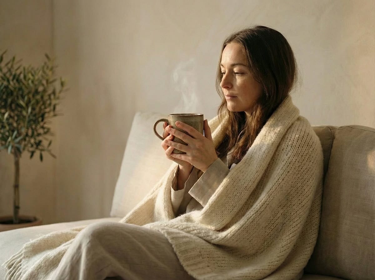 living alone well relaxing with a warm drink in a calm minimalist living space