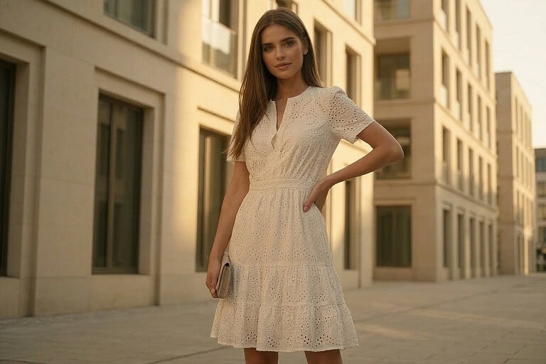 enhance natural shadow under feet to ground the subject, slightly increase contrast between subject and background, maintain soft golden lighting, keep clean editorial look, ensure realistic contact with pavement