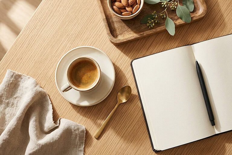 soft routine lifestyle minimalist morning setup with coffee, notebook and natural light
