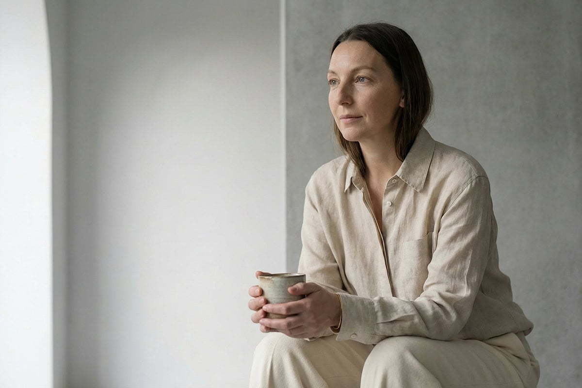 quiet life trend woman holding a cup in soft natural light within minimalist space