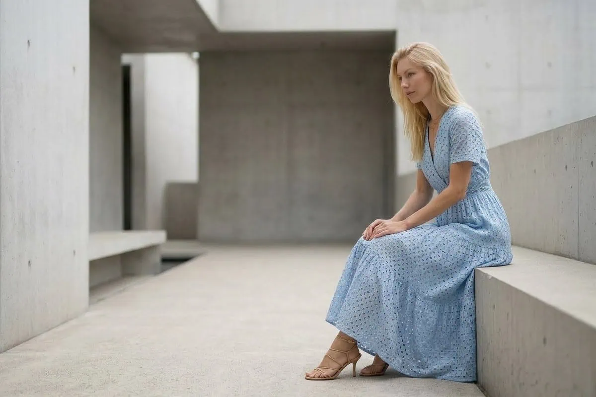 woman in flowy maxi dress sitting in minimalist concrete space with soft natural light and relaxed mood