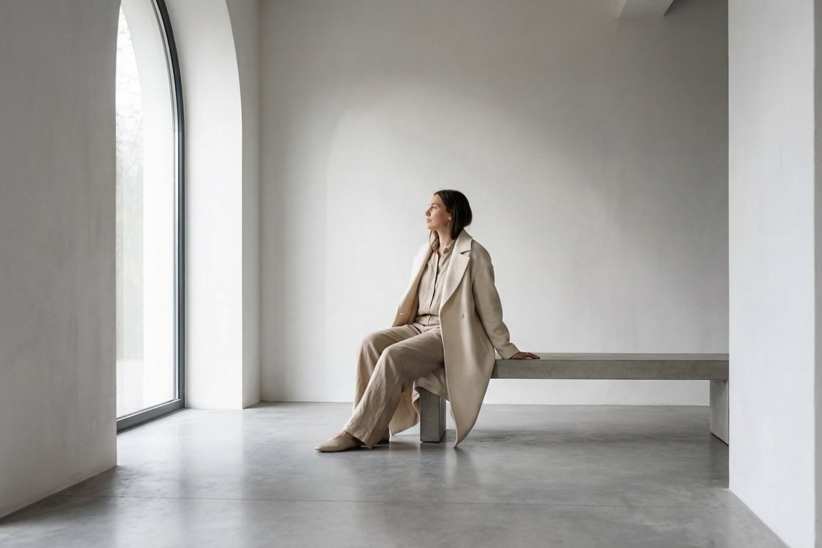 quiet life trend woman in minimalist architectural space with soft natural light