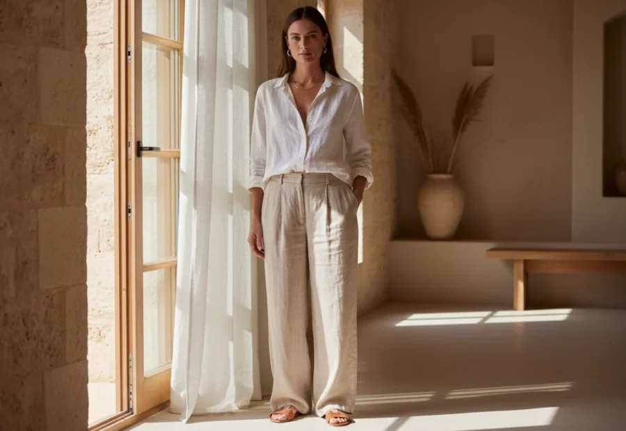 Woman wearing an ivory linen shirt and beige wide-leg trousers in a bright, sunlit interior.